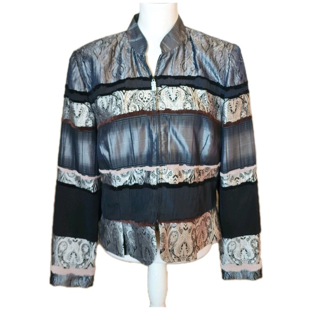 Nueva Jacket Blazer Womens 14 Black Silver Metallic Velvet Zip Front Boho Dressy